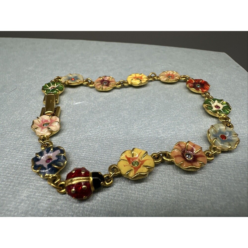 JOAN RIVERS Classics Collection Enamel Pansie Flower & Ladybug Bracelet 7.25”